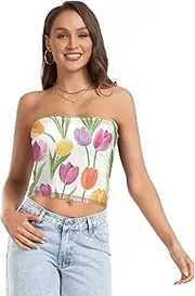 [RPLIFE] Watercolor Orange Purple Tulips Coastal Summer Tops, Strapless Top for Women, Sheer Tube Tops, Sexy Tube Tops (S)