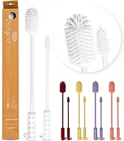 purifyou Platinum Silicone Water Bottle Cleaner Brush, Extra Long Handle 16 inch, with Cap Brush for Tumblers, Drinking Glasses, Vase - Perfect for Narrow Skinny Neck Containers (White)