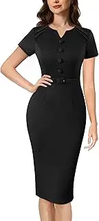 [VFSHOW] Womens Business Pleated Notch V Neck Buttons Fitted Work Office Elegant Belted Church Bodycon Pencil Sheath Dress…