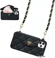 UnnFiko Wallet Phone Case Compatible with iPhone 16, Cute Light Luxury Bag Design, Purse Flip Card Pouch Cover Soft Silicone Case with Handstrap Long Shoulder Strap (Black, iPhone 16)