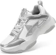 [DREAM PAIRS] Girls Sneakers Lace up Lightweight Sparkle StarGlow Breathable Jelly Sole Kids Walking Shoes Casual Sports