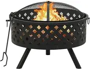 vidaXL Fire Pit with Poker - XXL Outdoor Fire Pit - 68 cm Steel Garden Fireplace - Deep Bowl Design with Mesh Cover and Log Poker