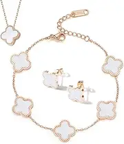[FARONG] Fashionable Four-Leaf Clover Jewelry Set, Women Titanium Steel Necklace Stud Earrings Bracelet Set Dainty Enamel Jewelry Set for Teen Girls Women