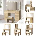 Oikiture Dressing Table Stool Set Vanity Desk Makeup Mirror LED Bulbs Natural