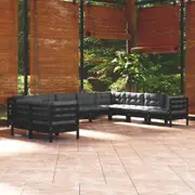 vidaXL 10 Piece Garden Lounge Set with Cushions Black Solid Pinewood