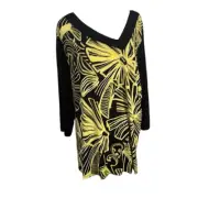 Susan Graver Womens 3X Liquid Knit Printed Top Asymmetrical Neck Lemon Yellow NW