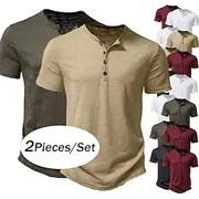 2 Pack Men's T Shirt Henley Shirt Tee Top Short Sleeve Plain Solid Designer Basic Modern Contemporary Buttons Plain Henley Vacation Street Casual Summer Henley