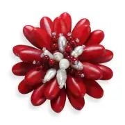 Double Sunflower Red Coral and White Pearl Floral Pin or Brooch