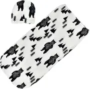 QUMIIRITY 1 Set Boy Swaddle Sack Hat Stretchy Newborn Receiving Blanket Soft Breathable for Cozy Sleep Shower Cute Bear Design