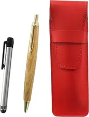 Slim Cowhide Leather Pen Case Red Metal Touch Stick Silver and Maple Wooden Axis Retro Ballpoint Pen Set ASR-ALST-HS47S