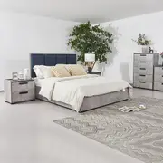 Queen 4 Pcs Bedroom Suite with Tallboy Fabric Upholstery MDF Combination of Black & Cement Colour