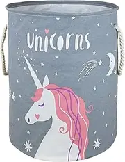 Round Laundry Basket Waterproof Canvas Large Clothes Basket Laundry Hamper with Rope Handles Cute Cartoon Kids Nursery Hamper for Kids Room Toy Storage Girls Room Decor (Gray Unicorn)