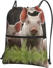 EdWal Cute Pig Print Drawstring Backpack Gym Bags Sports Bags With Zipper Pocket For Travel Beach, Black, One Size