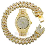 GOLD FINISH LUXURY SIMULATED DIAMOND ROUND WATCH & ICED CUBAN HIP HOP BRACELET