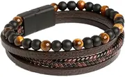 [Generic] Mens Tiger Eye Black Obsidian Lava Rock Lapis Lazuli Stone Beaded Bracelet,Wrap Braided Leather Cuff Bangle Bracelet for Men,Stainless Steel Clasp