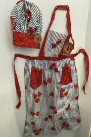 Apron Set, Chef Hat, Kitchen Apron Adult Adjustable Strawberry Jam, Blue Ticking
