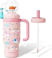 OKUYOSHI Whale Fountain Water Bottle for Kids Stainless Steel Tumbler with Handle Sippy Cup (Pink)