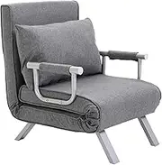 HOMCOM Single Person Folding 5 Position Convertible Sofa Bed Sleeper Chair Chaise Lounge Couch w/Pillow & Steel Frame for Home Office, Light Grey