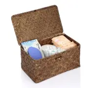 Wicker Basket with Lid Rectangle Woven Baskets for Toiletries Tampon Storage,...