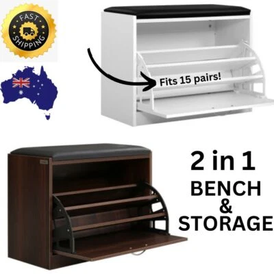 2 in 1 Wooden Shoe Cabinet Bench Rack Shelf Organiser 15 Pairs White / Walnut