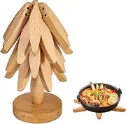 InciFuerza Beech Wood Tree-Shaped Trivets for Hot Dishes - Set of 3 Non-Slip Heat-Resistant Mats with Stand for Kitchen, Pots, Bowls, Teapots, and Hot Pots (Wood Color)