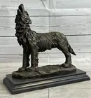Art Deco Moonlit Wolf Howling Statue Genuine Bronze Sculpture by Miguel Lopez