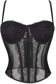 [OFFSUM] Women's Sexy Corset - Summer Black Lace Embroidery Top Lingerie Backless Adjustable Mesh Spaghetti Strap Large Size Shapewear Clothing