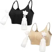 [LOVELYBOBO] 2 Pieces Hands-Free Pumping Bra, Nursing Bra, Wireless, Adjustable Zipper Breastfeeding Bra for Holding Breast Pumps.M-XL,(Black+Nude)