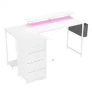 Advwin L Shaped Gaming Desk 140cm with LED Lights & Power Outlets Convertible Computer Desk with Monitor Stand White