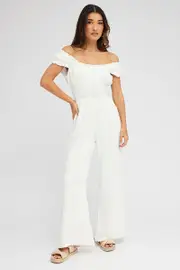 White Jumpsuit Short Sleeve Off Shoulder Shirred Cotton - Size 6, Women's Jumpsuit