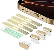 8 Pack USB C Dust Plug, Type C Charging Port Plug Cover, Earphone Speaker Net, Dustproof Adhesive Cover, for iPhone 16/iPhone 15, Gold