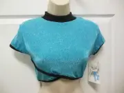 Ladies Medium Cap sleeve glittered slinky black trimmed Turquoise