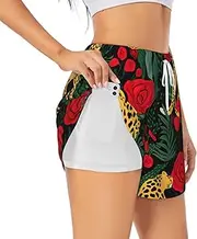 [WURTON] Leopard and Roses Print Exercise Gym Workout Shorts Women's Athletic Shorts Dual-Layered Yoga Running Shorts