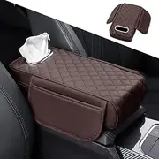 Car Console Armrest Pad with Tissue Box,Car Center Console Cushion with Pocket and Tissue Box,Universal Waterproof Leather Auto Armrest Seat Box Protector,Car Armrest Cover for SUV, Truck (Brown)