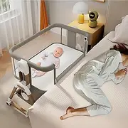 WinkleStar Baby Bassinet Bedside Sleeper with Mattress, 6-Level Height Adjustable Co-Sleeper, Convertible Baby Crib with Breathable Mesh, 360° Wheels & Storage Basket – Premium Linen & Metal Frame
