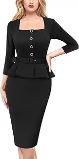 [VFSHOW] Womens Square Neck Peplum Buttons Belted Business Work Office Slim Pencil Sheath Dress