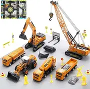 CUTE STONE Construction Vehicles Playset with Playmat, Kids Engineering Truck Set with Crane, Excavator, Tractor with 3 Interchangeable Parts, Cement, Truck, Educational Gift Toy for Toddlers Boys