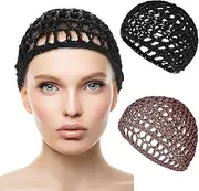 Hair Net Wrap 2 PCS Elastic Sleep Nets Hairnet Knit Sleeping Cover Breathable Crochet Head Cap Stretchy Mesh Bandana Anti Frizz Shower Bathing Hats Press Absorption Curly Straight Hair(Brown/Black)