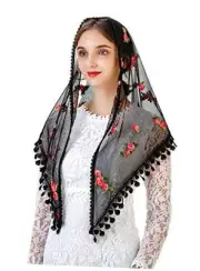 Triangle Little Flower Chapel Veils Embroidered Scarf Shawl Latin Black Rose