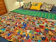 Handmade African Patchwork Crazy Quilt 58" x 74" LARGE Green Plaid for CHARITY!