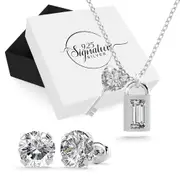 Boxed Solid 925 Sterling Silver Prong Crystal Studs & Lock & Key Necklace Set