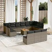 14 Piece Grey Poly Rattan Garden Sofa Set with Cushions, Modular Design, UV-Resistant, Acacia Wood Tabletop, Durable and Comfortable, Outdoor Furniture