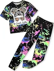 [Aulyffo] Girls Clothes Tie Dye Girl Outfits Cute Graphic Short Sleeve Tops Long Pants Two Piece Sweatsuits Set 6-14 Years Old