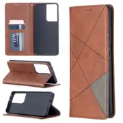 For Samsung Galaxy S21 Ultra Case Rhombus Texture Folio Magnetic PU Leather Wallet Cover, Kickstand, Brown