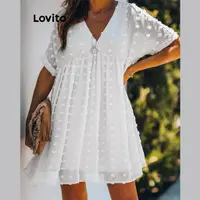 在飛比找蝦皮商城優惠-Lovito 女款休閒平紋刺繡洋裝 LNE31127 (白色
