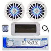 Dual Bluetooth Marine Radio, Cover, Antenna,Wire, 2x 6.5" 180W LED White Speaker