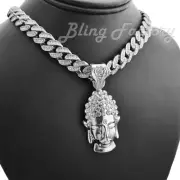Silver PT Buddha Head Pendant 12mm 16" ~ 24" Iced Cuban Box Lock Chain Necklace