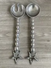 Vtg Large Solid Aluminum Fork & Spoon Salad Servers India Star Handles 13.25”