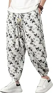 [PRIJOUHE] Harem Pants for Men Casual Drawstring Yoga Pants Boho Loose Fit Tapered Cropped Trousers with Pockets