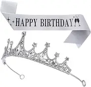 [Baluue] 1 Set Crown Strap Set Decorations Banner Party Bridesmaid Wedding Happy Women Birthday Tiara for Birthday Crown and Sash Birthday Sash and Crown Satin Fabric Silver